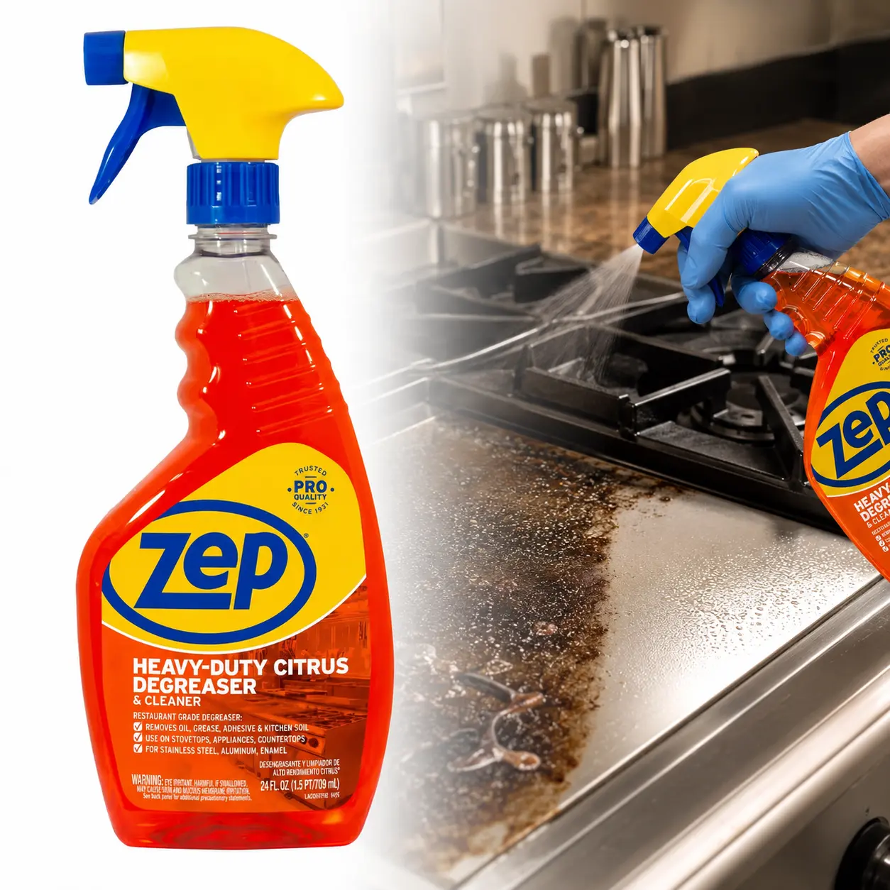 ZEP 24 oz Heavy-Duty Citrus Degreaser,citrus solvent,pro strength,grease remover,oil remover,adhesive remover,kitchen soil,dirt,grime,deodorizes,stovetops,appliances,counters,stainless,aluminum,enamel,restaurant kitchens,home use,spray bottle,dilutable
