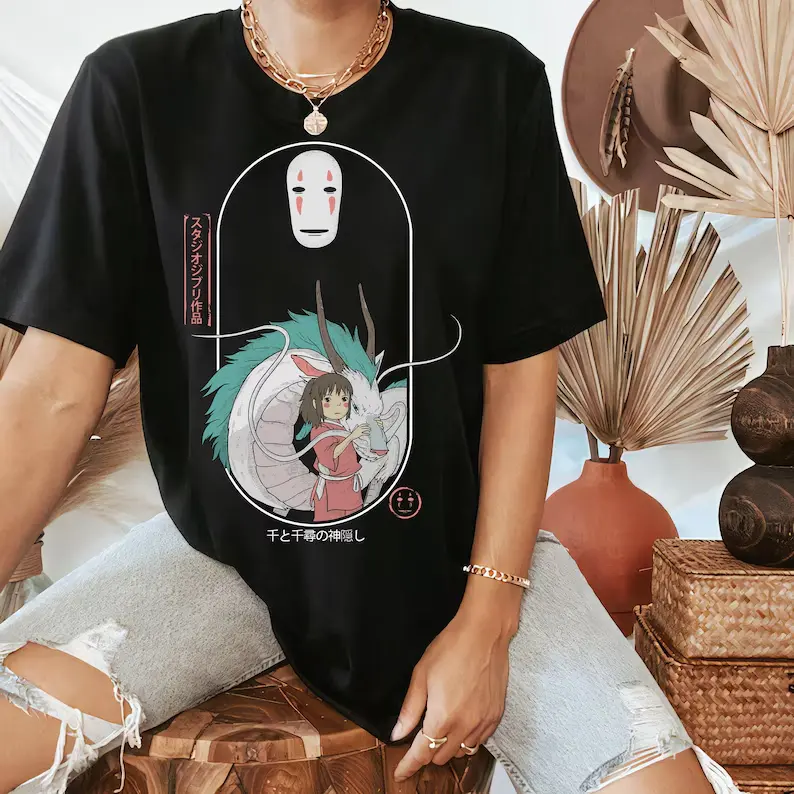 Men's Studio Ghibli Spirited Away Haku & No-Face Graphic Print T-Shirt - Casual Cute Cartoon Basics, Soft Round Neck, Comfort Colors Vintage Japanese Apparel, Christmas Birthday Gift