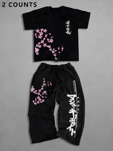 Men's Fashion Casual Two-Piece Set, Soft Comfortable Sakura Print Round Neck T-Shirt and Drawstring Wide Leg Pants, All Seasons Wear