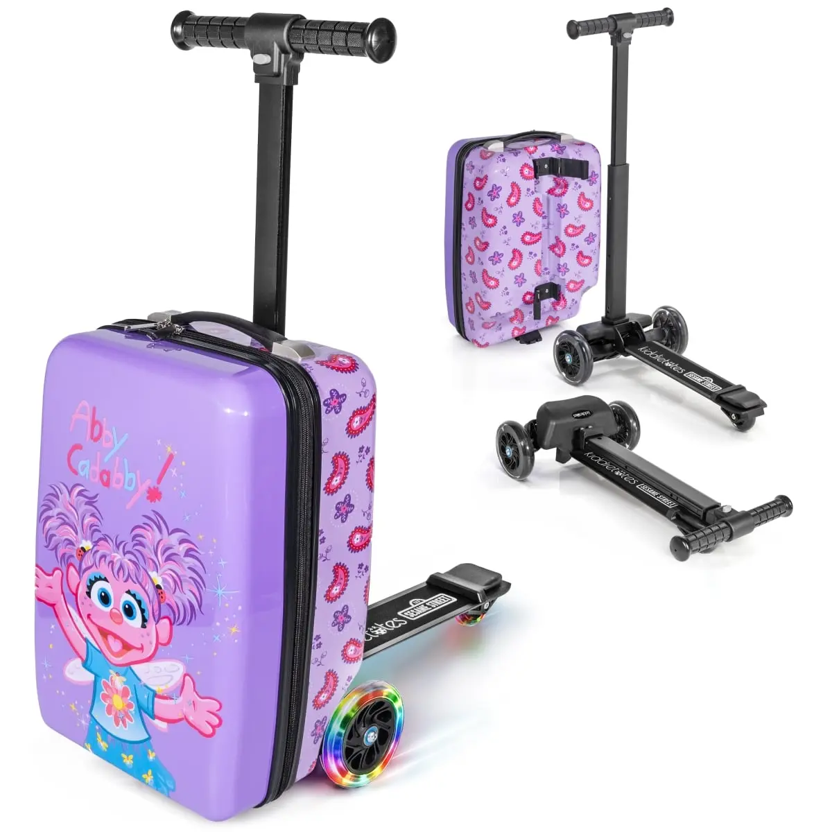Kiddietotes Sesame Street Abby 4-in-1 Kids Ride-On Scooter Luggage, Purple ABS Hardshell Carry On, Detachable & Lightweight for Travel, Lightweight Travel Luggage, Carry On Luggage