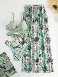 Women's 3-Piece Tropical Floral Swimwear Set - Bow Bikini Swim Top, Tie-Back Design, High-Waisted Pants, Polyester Maxi Skirt, Inclusive Sizes