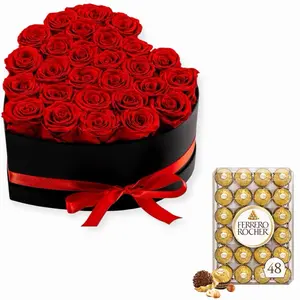 Luxury Ferrero Rocher Gift forever Preserved Roses in Heart-Shaped Box with 27 Eternal Red Roses & 24 Ferrero Rocher Chocolates for Anniversary Birthday Gift for Wife Mother Best Friend Girlfriend dark