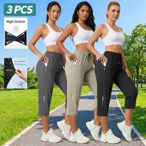 3-Pack Women’s Three-Quarter Athletic Pants with Reflective Stripes — High Stretch, Quick Dry, Zipper Pockets, Loose Fit, Breathable (Doesn’t Trap Sweat), Safety Style for Night Running, Jogging, and Fitness