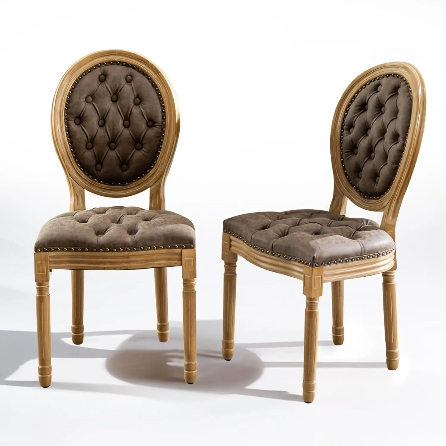 French Country Dining Chairs Set of 2, Vintage Dining Room Chairs with Round Back, Farmhouse PU Leather Kitchen Chair for Kitchen, Bedroom