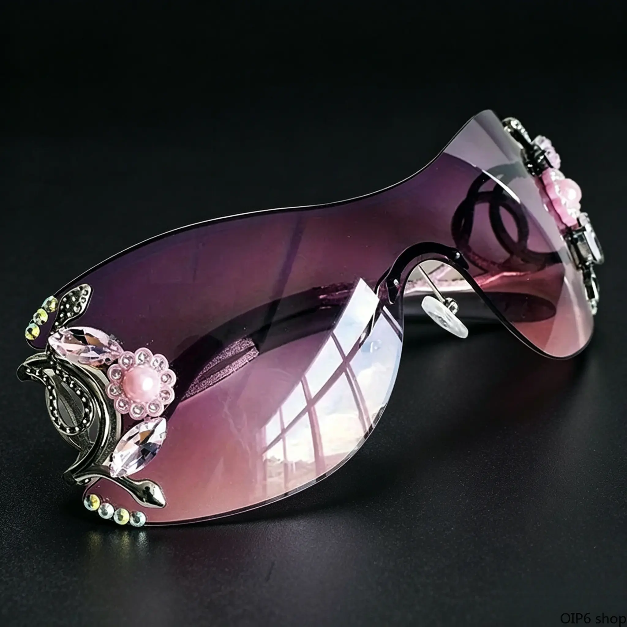 Rhinestone Decor Rimless Sunglasses For Women, Oversized Integrated Eyewear With Floral Ornament, Gradient Purple Pink Lens And Delicate Titanium Structure, Elegant Distinctive Facial Accessory Matching Daily Leisure And Social Occasions, Accessories For,