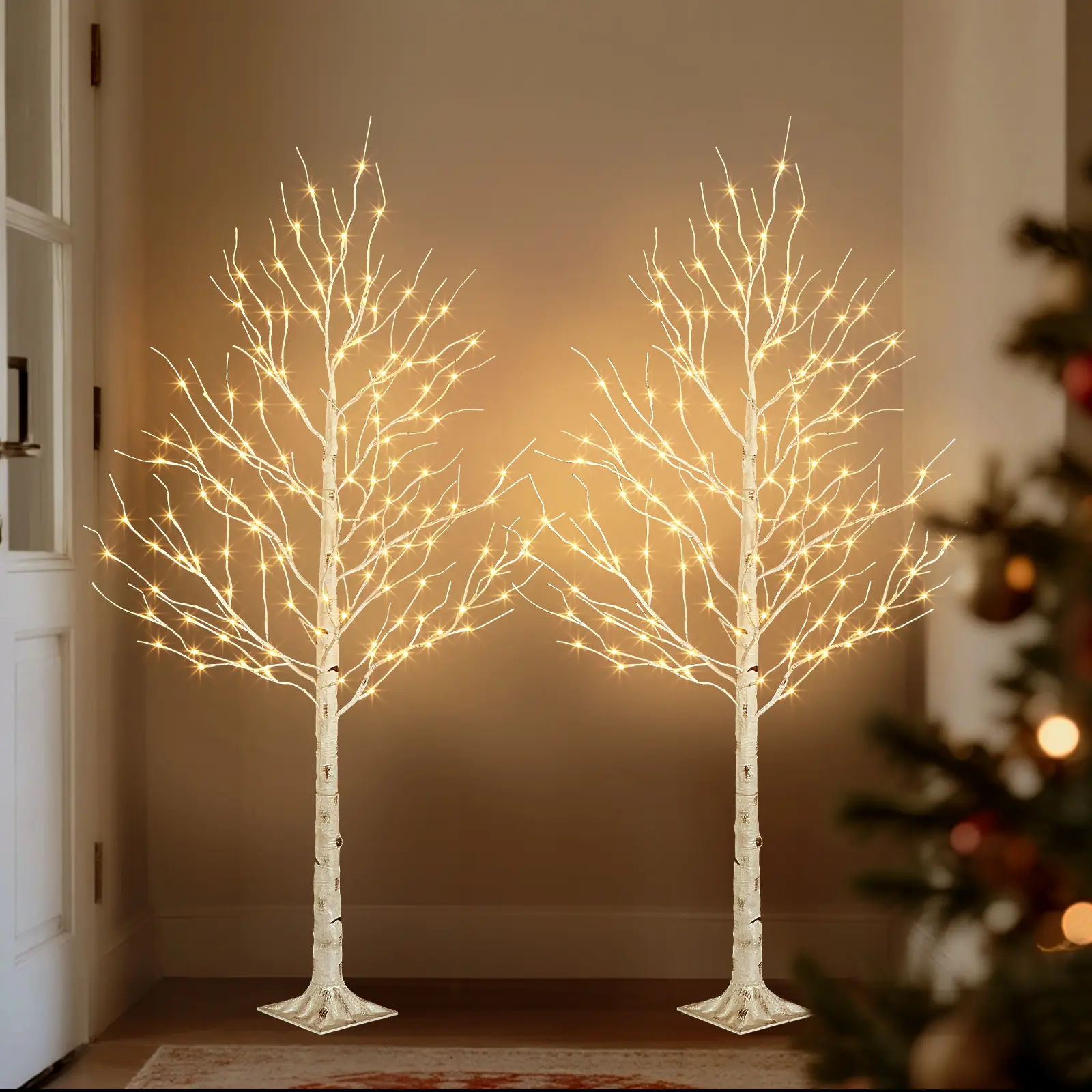 PEIDUO Lighted Birch Tree 6ft White Christmas Trees with Timer & Dimmer 128 Warm White LED Lights for Indoor Outdoor Home Porch Bedroom Decor 2 Pack