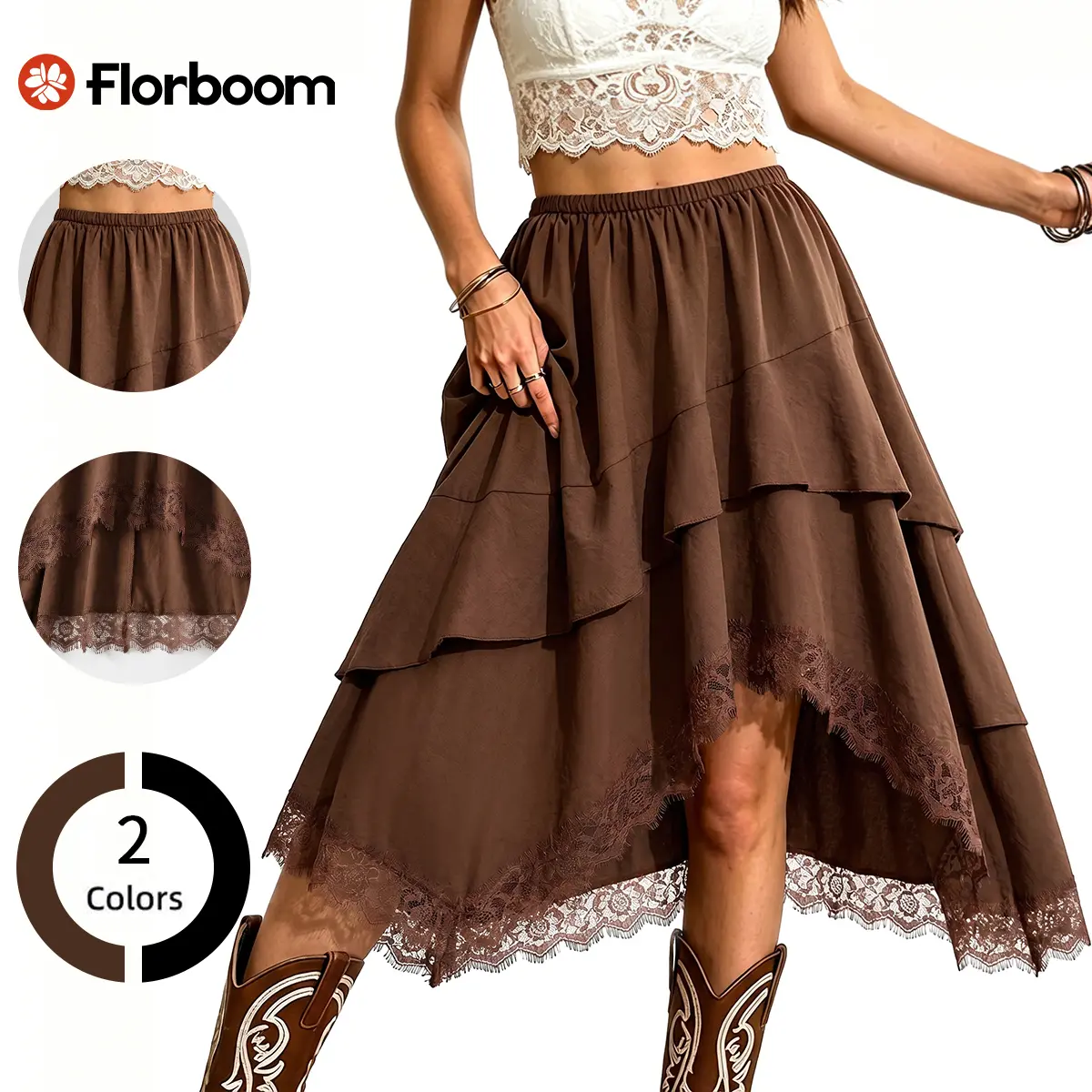 Florboom Women's Boho High Waist Tiered Midi Skirt Flowy High Low Lace Trim Midi Skirt Elastic Waist Ruffle Layered A-Line Summer Beach Western Country Skirt