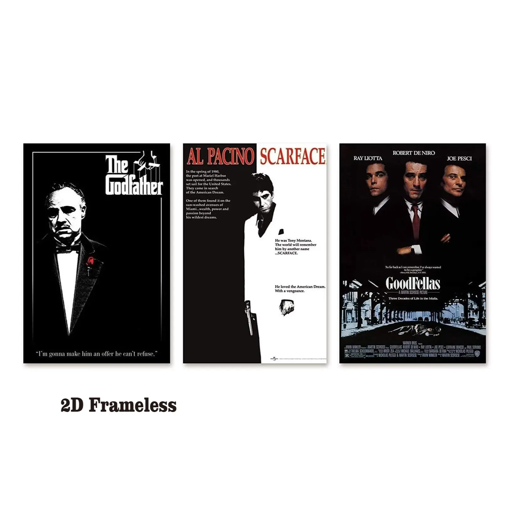 Set of 3: Gangster Movie Poster Close-Up Trio: *The Godfather*, *Scarface* (starring Al Pacino), and *Goodfellas*; 2D flat, unframed, Artistic, Frameless canvas posters, Living room decorations