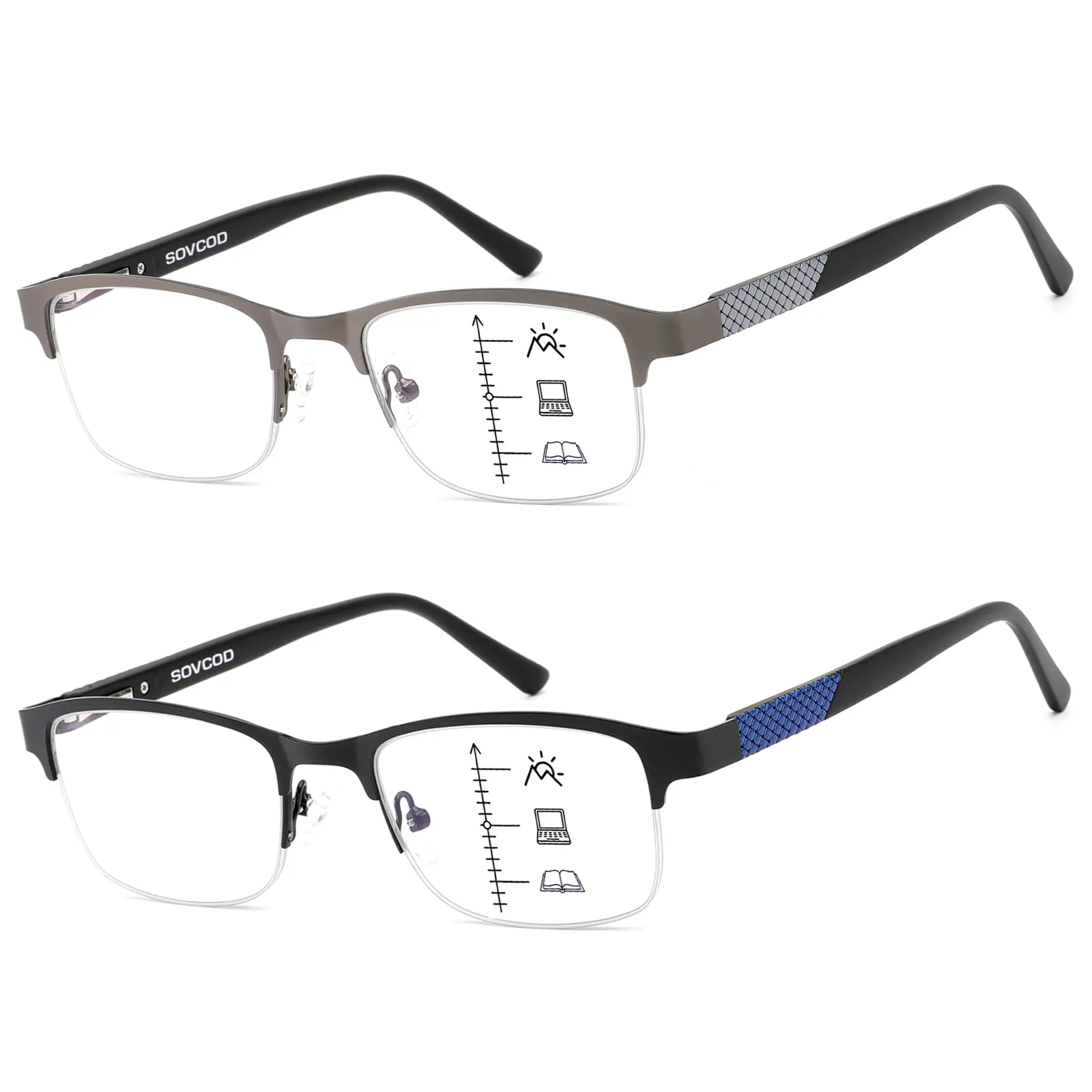 2 Pack Mens Progressive Multifocus Reading Glasses Blue Light Blocking Computer Readers Half Frame Multifocal Eyeglasses