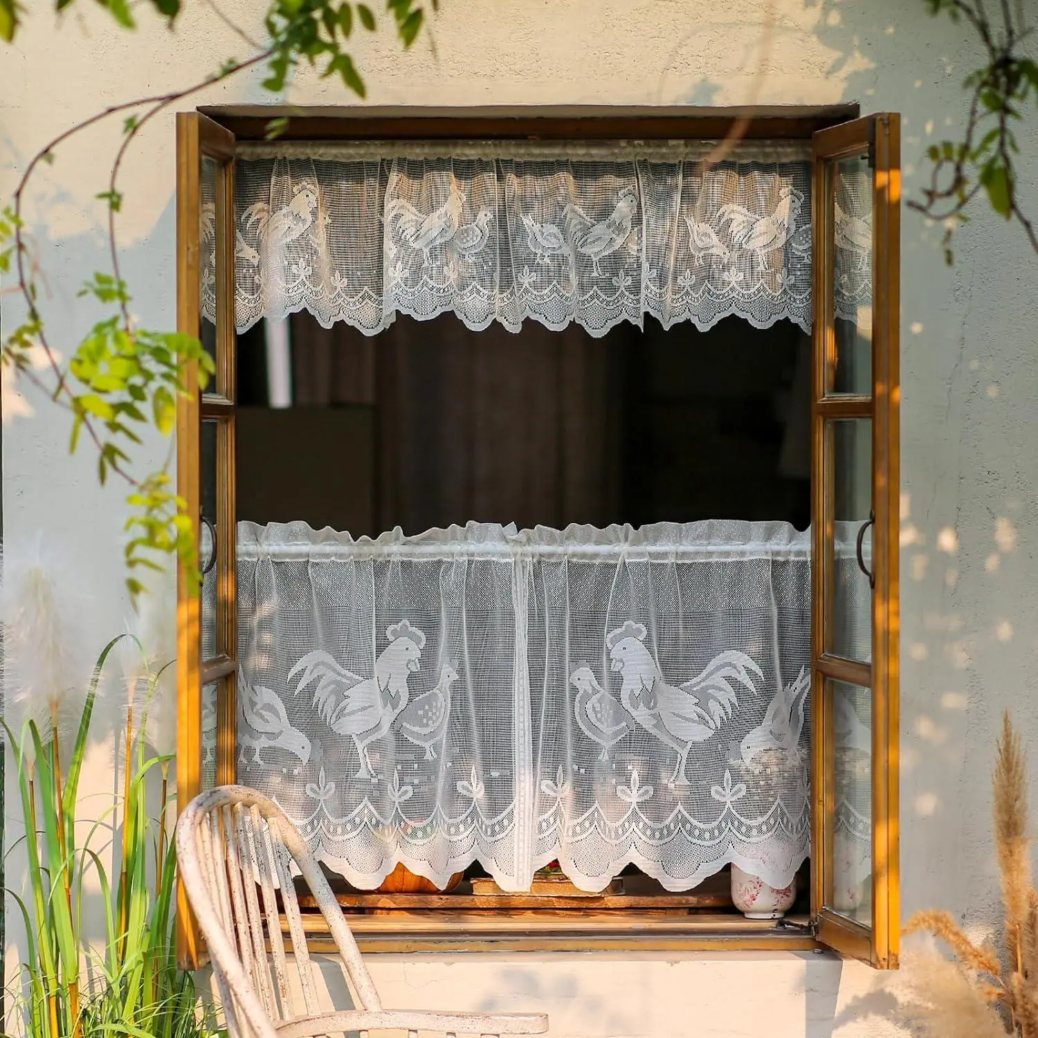 Chicken Pattern Lace Curtain, 1 Set Short Curtain with Rod Pocket,  Home Decor for Living Room, Bedroom, Office, Kitchen