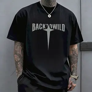 Men’s American-style trendy printed T-shirt, black and white short sleeves; holiday streetwear fashion styling; casual crew neck short-sleeve T-shirt for everyday outdoor leisure wear.