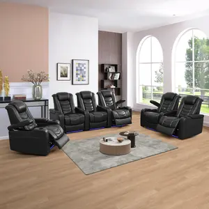 Dark Blue Top Grain Leather 6-Piece Living Room Recliner Sofa