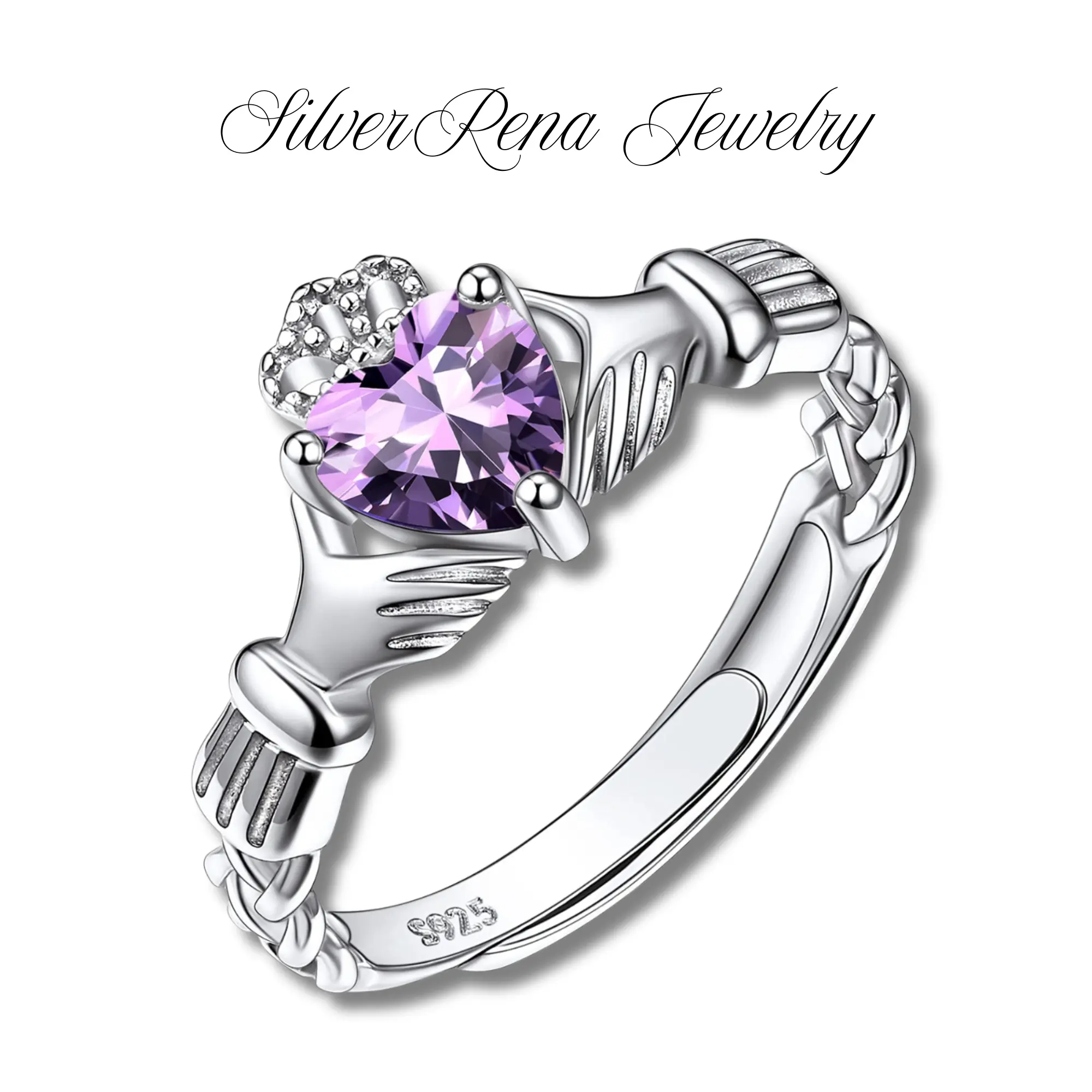 S925 Sterling Silver Heart Synthetic Amethyst Ring with Exquisite Crown & Purple Zirconia, Elegant Female Jewelry for Girl, Ideal Birthday Gift for Daily Wear & Party, Elegant Fashion, Classic Artificial Gemstone Rings