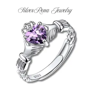 S925 Sterling Silver Heart Synthetic Amethyst Ring with Exquiste Crown, Elegant Fashion and Cute Purple Zirconia Jewelry  for Women, Girls, Daughter Birthday Gift, Perfect for Daily Wear and Party