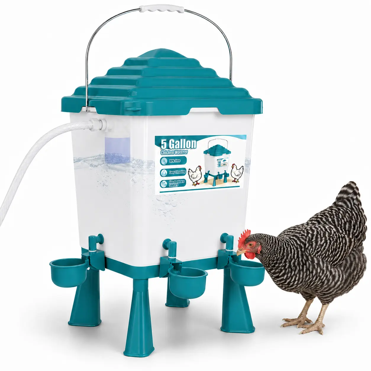 5 Gal    Chicken Water Poultry Watering System for Backyard Coops - Automatic Float Valve, Raised Legs, Sloped Anti-Roost Cover, Clear Reservoir, Leak-Resistant Bowls, Carry Handle for Hens, Ducks, Turkeys, Quail