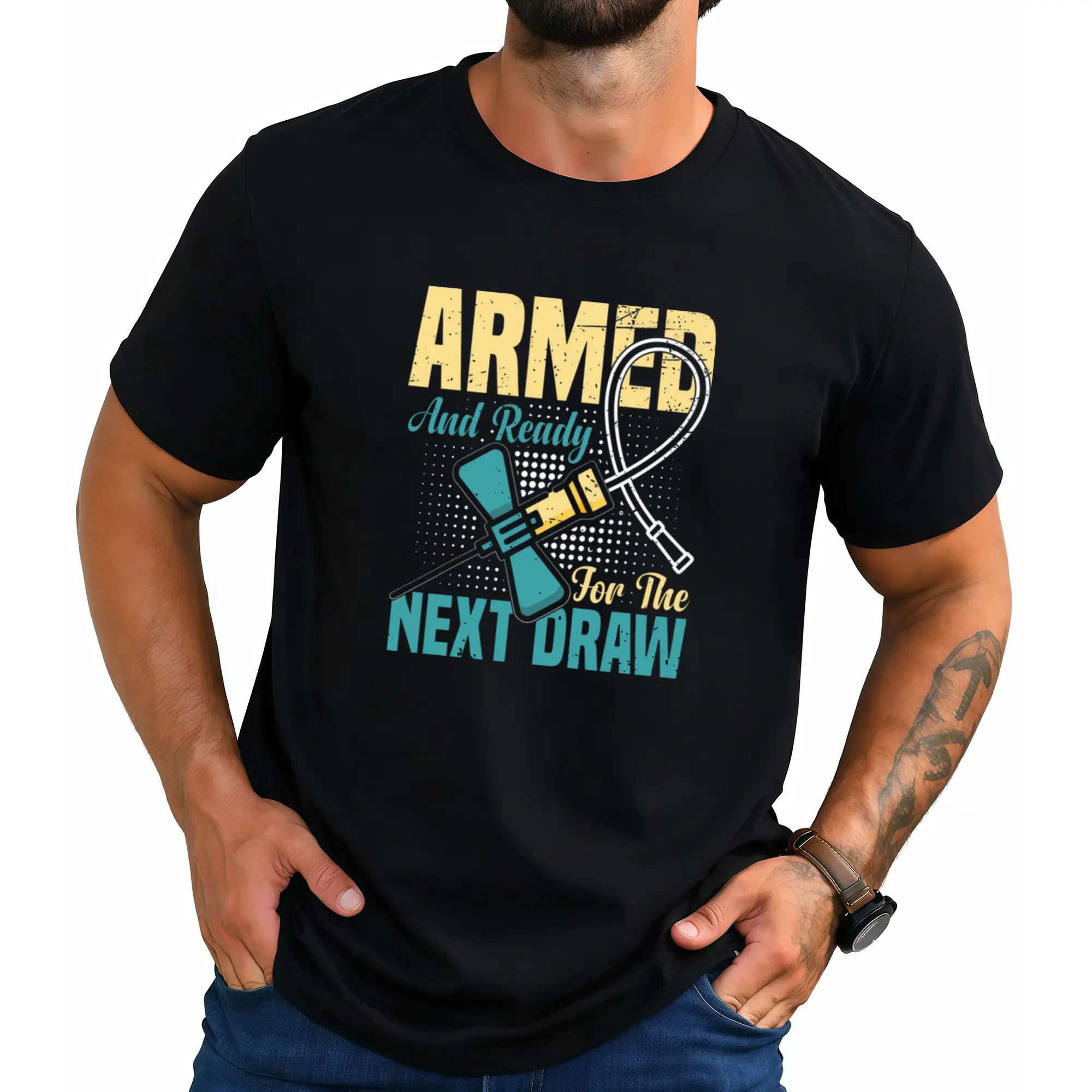 Women's 100% Cotton Phlebotomy Graphic T-Shirt - "Armed And Ready For The Next Draw" Design, Comfortable Casual Round Neck Phlebotomist Tshirt