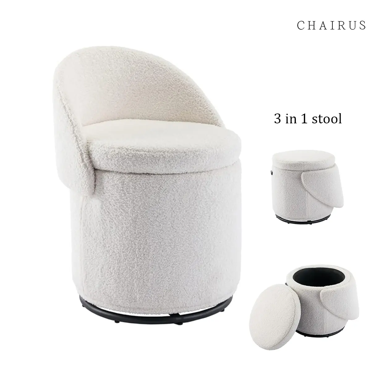CHAIRUS  Viral 3 in 1 Stool, Swivel Vanity Stool,Modern Round Storage Ottoman with Foldable Backrest, Upholstered Sherpa Makeup Stool, 360° Rotating Footrest for Bedroom, Living Room & Dressing Area ,White,dorm essentials,home decor