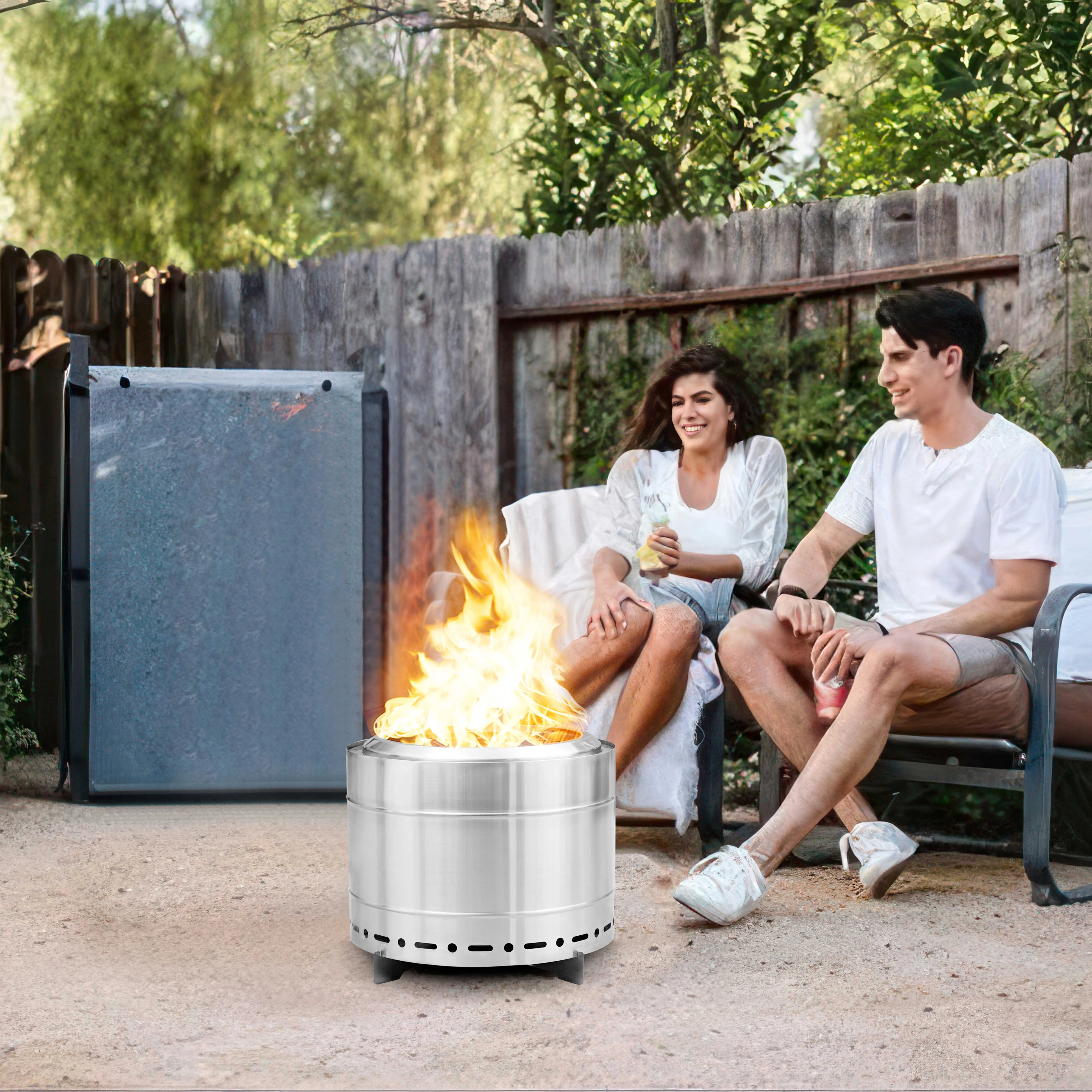 Stainless Steel Smokeless Patio Fire Pit - 19.3 in Modern Round Portable Outdoor Firepit with Efficient Heating Performance, Waterproof Cover, Assembly Required for Camping, Backyard Gatherings