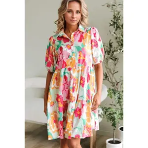 Button Down Floral Puff Sleeve Babydoll Dress