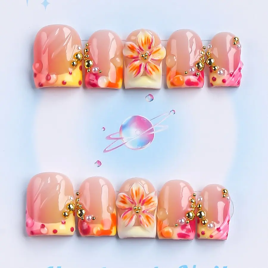 Nailssbysheccid, 10pcs press-on nails, Handmade Press Ons, Flower Design Nails, Decorative nails, square shape, simple style, French style, suitable for dates, weddings, comes with jelly glue, crystal sticks and twisting rods
