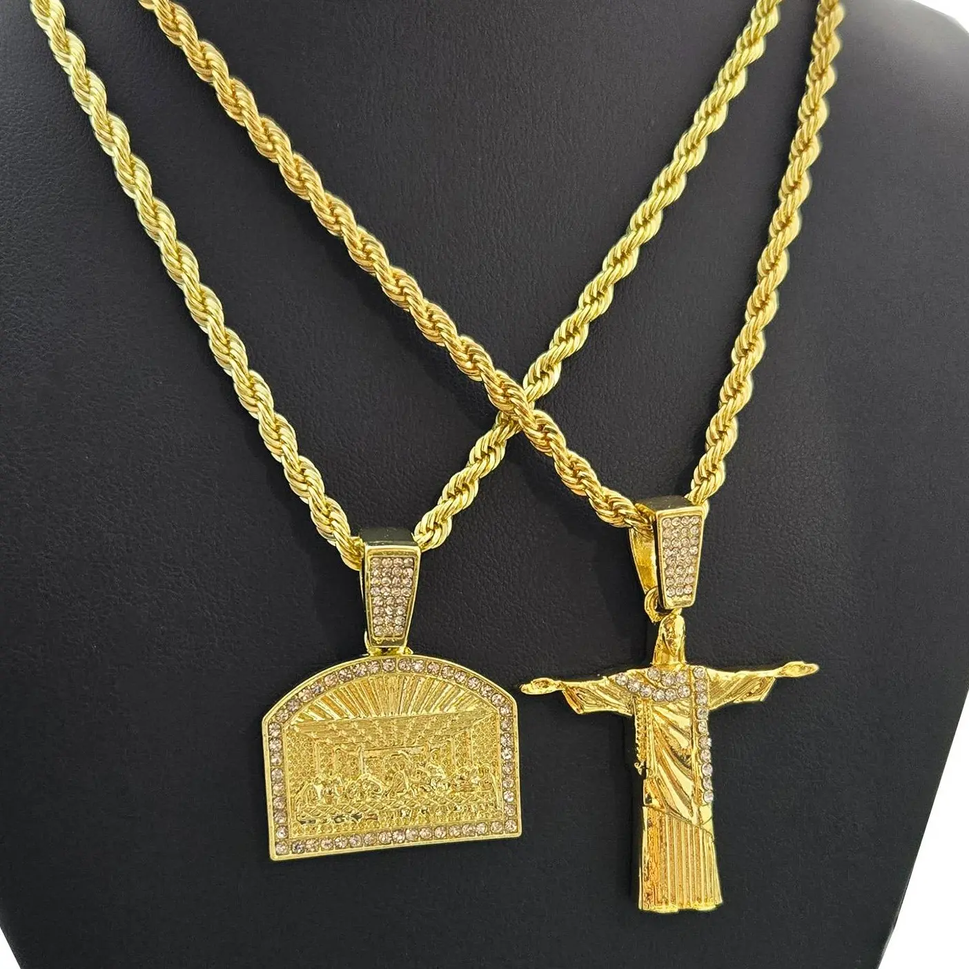 MaxBling81 Jesus Cross & Last Supper Gold Pendant, Unisex Hip Hop Spiritual Jewelry for Daily Wear, High Polish Iced Out Crucifix with 24 in Chain, Crucifix Necklaces, Cross Pendant