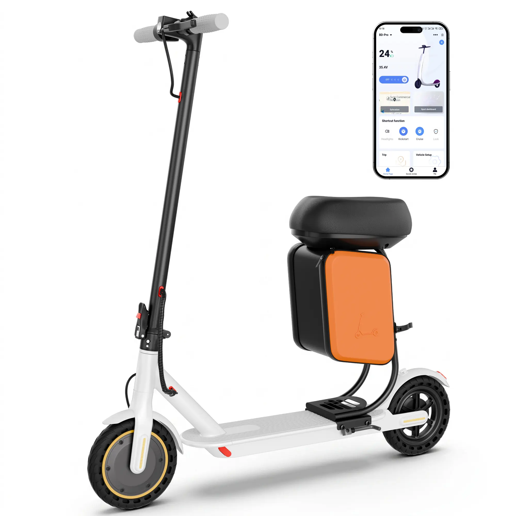 Unisex Foldable Motorized Scooter for Urban Commutes - Adults' 350W/500W Motor, 22-mi Range, 8.5"/10" Solid Tires, Multifunctional, Detachable Seat-Storage Box, Dual Braking System, Headlight, App Control, LCD Display, Max 265lbs Load Capacity