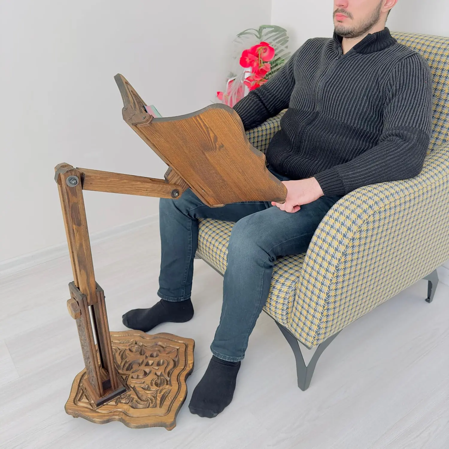 Large Durable Pine Wood Freestanding Desk Stand - Chemical-Free Adjustable Copyholder with Natural Teak Finish, Supports Heavy Large Books & Scriptures, Ideal for Office & Music Reading, For Book Lovers