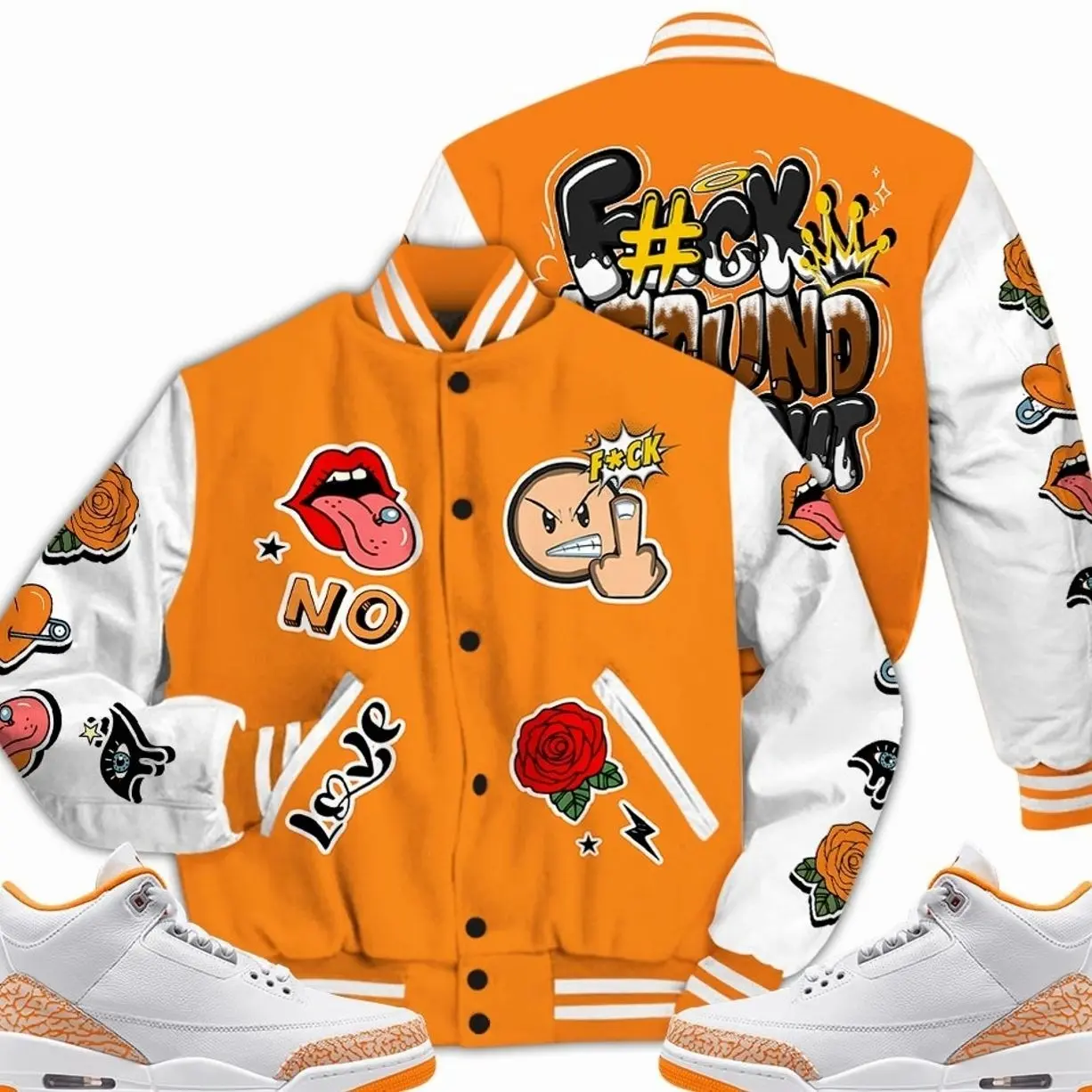3 White Orange Peel Varsity Jacket, Orange Citrus 3s Outfit Around Find Out Shirt Shirts To Match Sneaker Streetwear