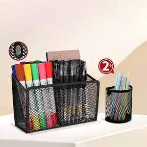 Magnetic Wire Mesh Pen Holder Key Storage Organizer Box, Strong Magnet Fits Whiteboard Fridge Various Scenarios, 2 Compartment, Desk Accessories