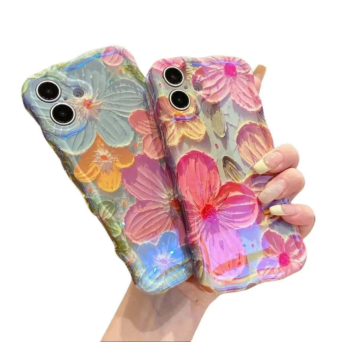 Retro Oil Painting Girly Cellphone Cover, Soft TPU Silicone Handheld Case for iPhone 13-17, Colorful Sparkly Flower Wave Design, Orange White Magnetic Ultra-Thin Shockproof Women's Accessory, Mother's Day Gift#SummerVibes