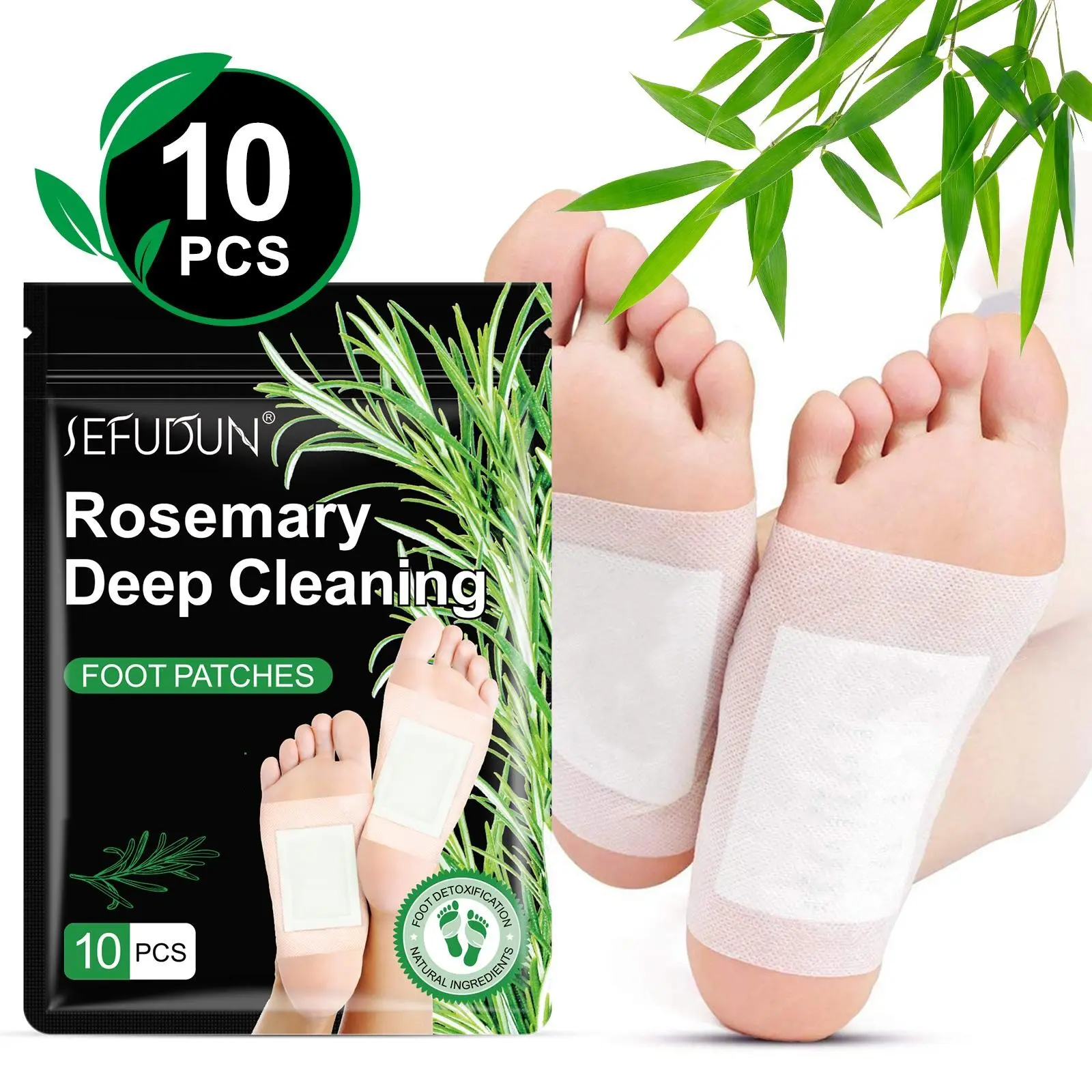 SEFUDUN Rosemary Foot Patches (10-pack), available in various sizes, designed for tired feet; these deep-cleansing foot patches help relax both body and mind
