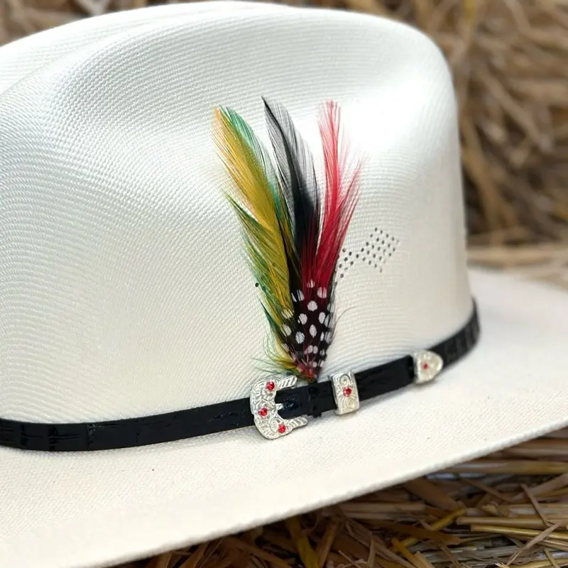 Red, Green, Yellow and Black Decorative Feather for your Western-Style Hat | Pluma Decorativa para Sombrero