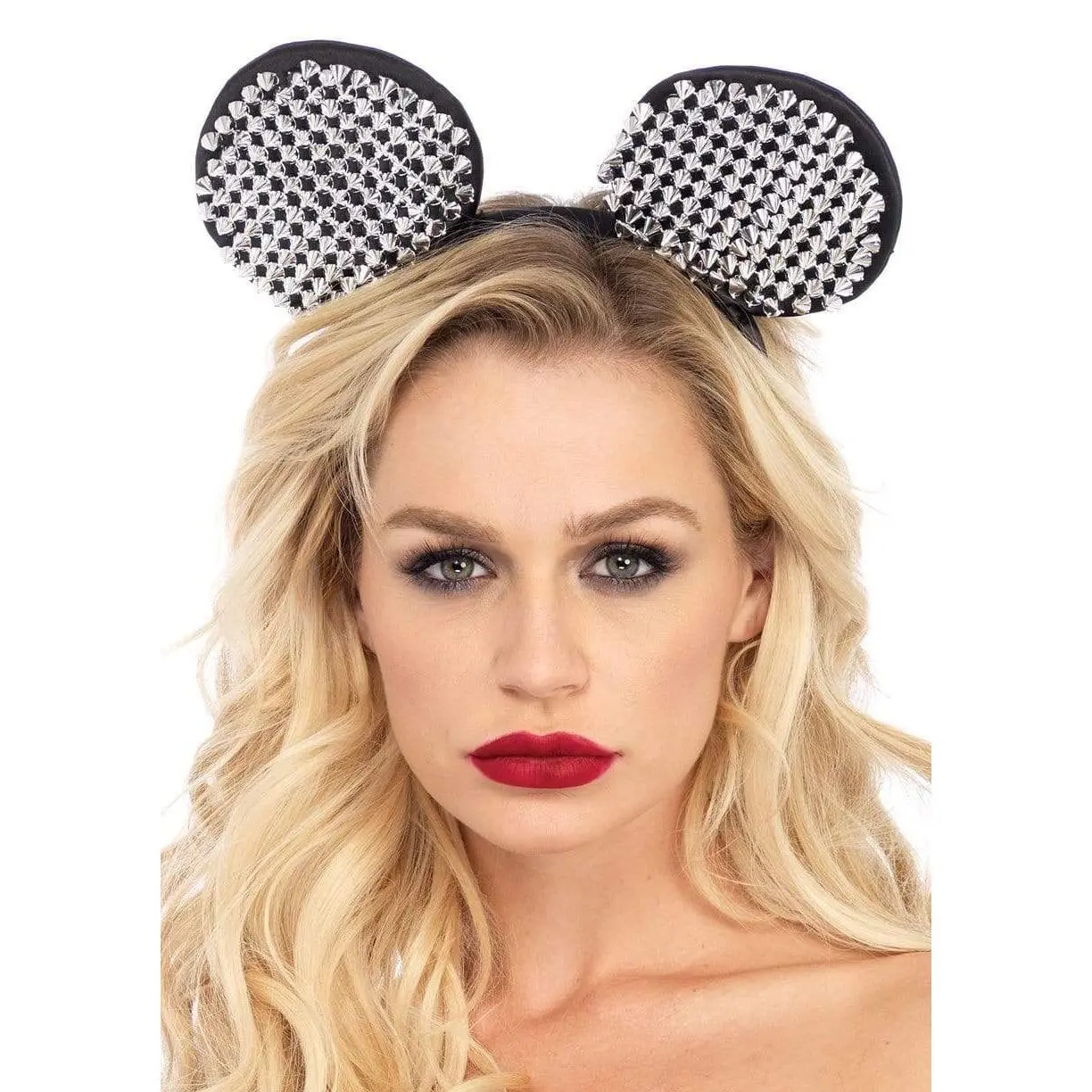 Satin Mouse Ears Costume Headband with Edgy Metallic Studs for Women & Teens, Flexible for Festivals & Halloween, Cosplay, Funky, Mouse Headpiece