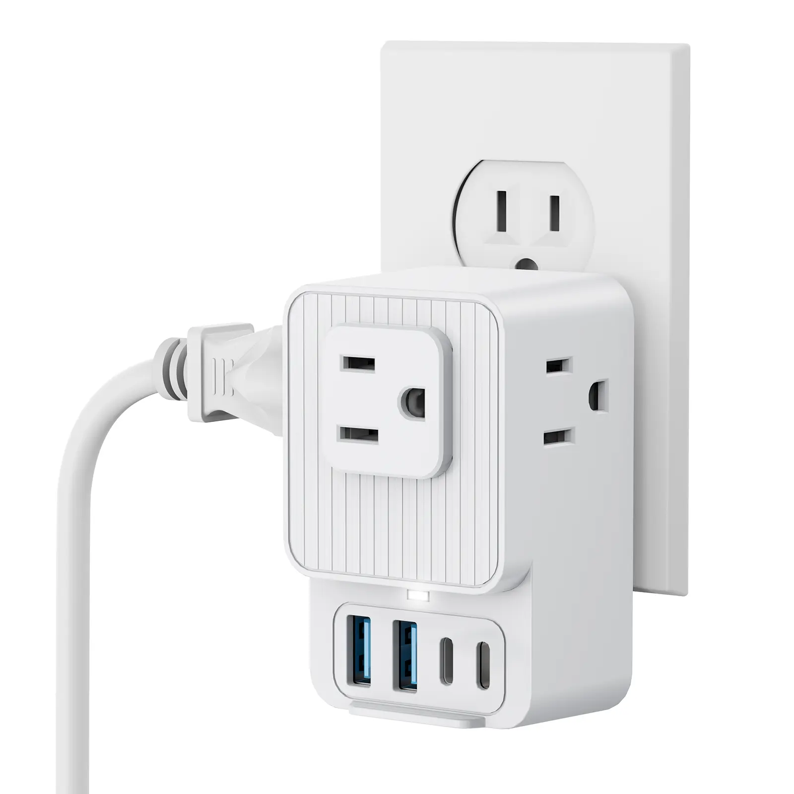 7-in-1 Tri-Sided Plug-in Wall Socket Extender, US 110V-130V 1300W Outlet Extension with 3 AC Outlets, 2 USB-A, 2 Type-C Ports, High-Speed Compact Multi Ports Charger for Home, Travel
