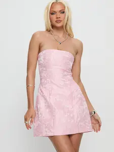 Heaven Sent Strapless Mini Dress Lace Up Back Textured Floral Polyester Slim Fit Y2K Going Out Party Dress for Women Summer Date Night Outfit