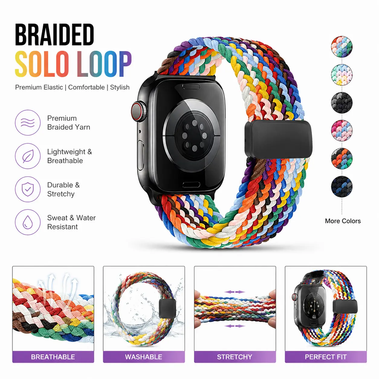 Magnetic Braided Nylon Watch Band, Stretchy Elastic Sport Loop Strap, Soft Breathable Adjustable Replacement Wristband Compatible with Ultra 3/2 Series 11 10 9 8 7 6 5 4 3 SE, Women Men
