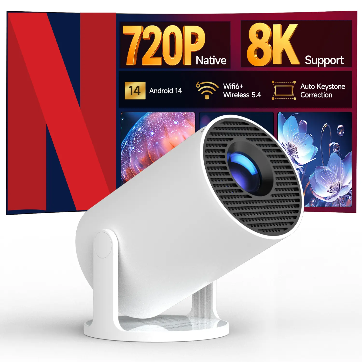 HY300Pro Projector 290ANSI, 1280x720P, 8K Decode, Auto Keystone Correction, Dual-Band WiFi6, BT5.4, Android 14, 4K/1080P Audio Support, Lightweight Modern Portable Display, Abs, Oval Box, Ceiling Mount, Projector for Bedroom, Home Cinema Gift#TechVibes