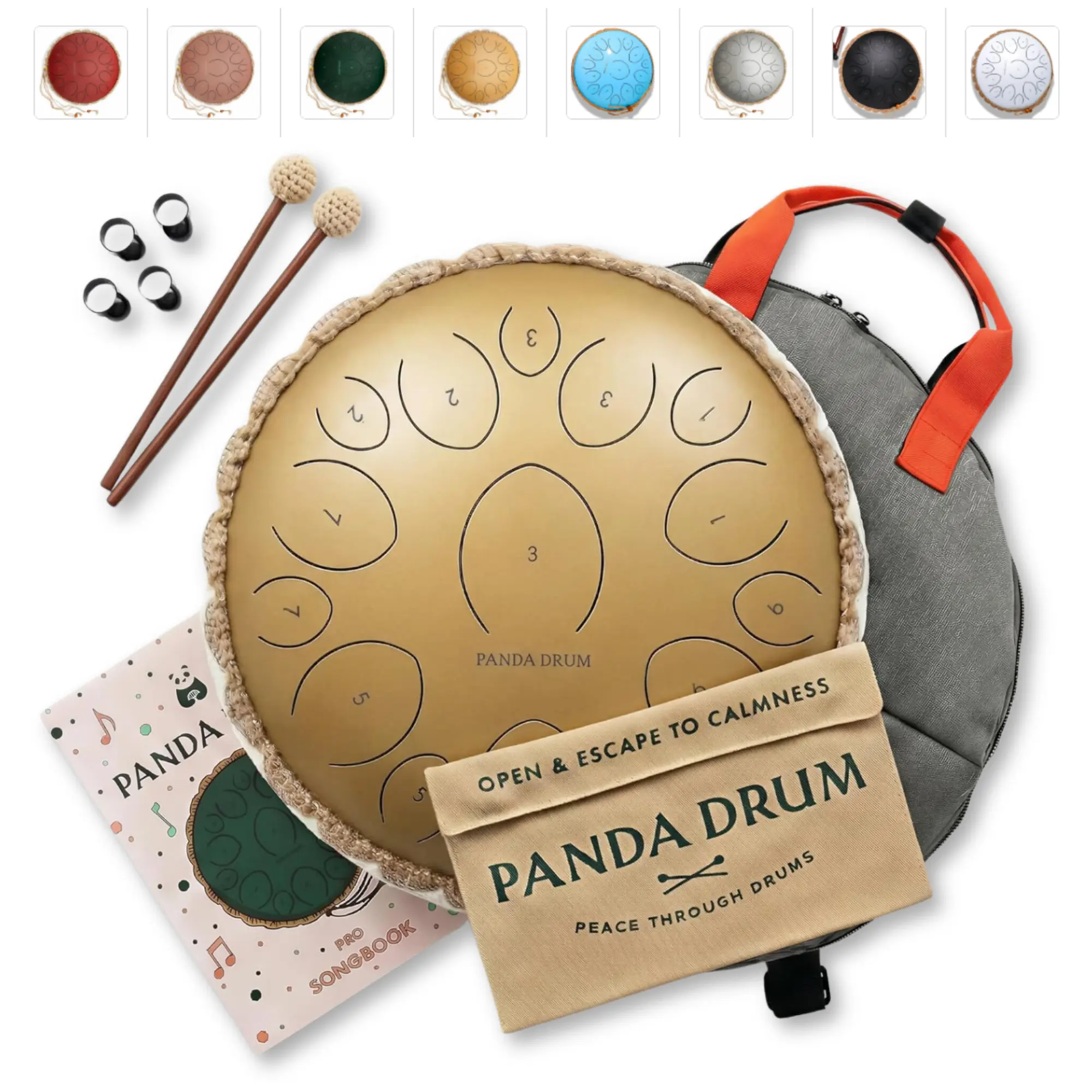 Panda Drum Pro (Sandstone) | Steel Tongue Handpan with Music Book, Mallets, Carrying Bag & Finger Picks | 15 inch, 432 Hz | Rain Drum for Inside, Outside | Calming Musical Instrument for Adults, Kids