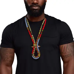 African Necklace for Men |  Red Ankara Necklace | Men’s Ketepa Corded Neck Tie | Men's African Tie | Mens Tribal Jewelry | Red, Blue, Yellow | Afrocentric Collar | Cloth & Cord