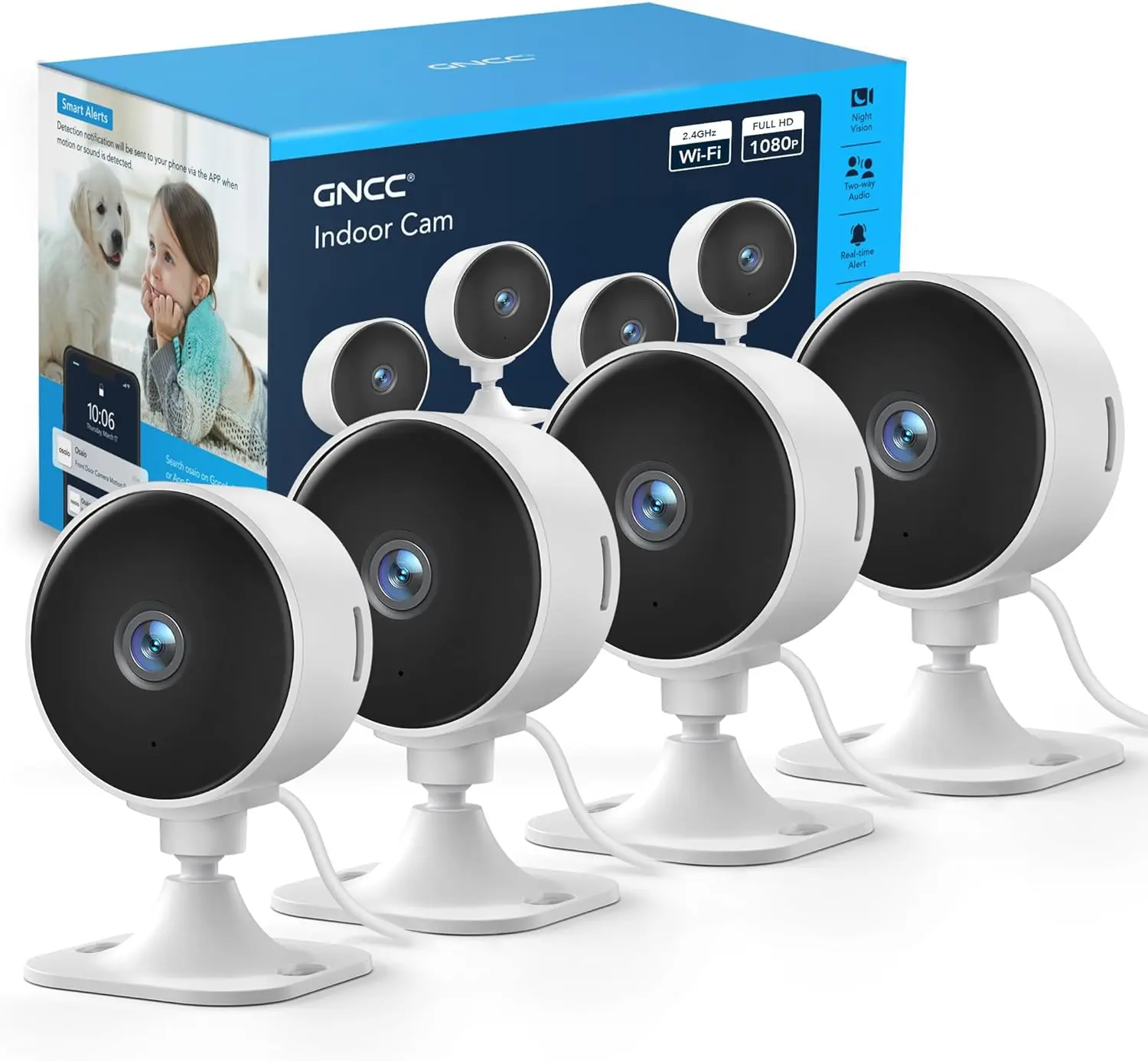 GNCC 4-Pack Home Security Cameras - 2.4G WiFi, Full HD 1080P Lens, AI Motion Detection, AI Videos, Sound Alert, 2-Way Audio Micro, Night Vision, Cloud/SD Card Recording, Speaker, Easy Mount, Works with Alexa/Google Home (Surveillance, Baby Monitor)