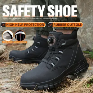 Plus Size Men's Solid Color Steel Toe Boots with Puncture Proof High Top Safety, Rotating Buckle, Comfy Non-Slip Durable Rubber Sole, Microfiber Upper Fathersdaygift Boy Footwear Shoe Orthotic Worker