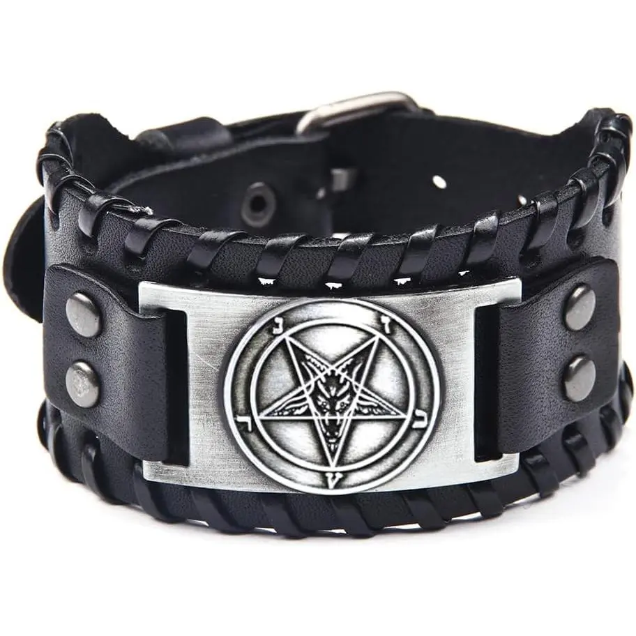 Gothic Leather Cuff Bracelet - Baphomet Demon Goat Head Design, Inverted Pentagram Bangle for Satanism, Anniversary & Birthday Gifts, Art Jewelry, Communion, Elegant