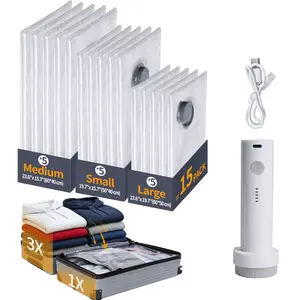 【2026 Upgraded】X7 Cordless Travel Vacuum Compression Bag Set – 15 Pack in 3 Sizes with USB Rechargeable Air Pump