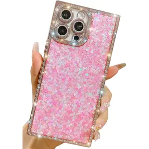 Trendy Girly Glitter  Compatible with  16 Pro Max Rectangle Case, Elegent Cute Slim Women Bling  Rhinestones  Phone Cases(,16 Pro Max)