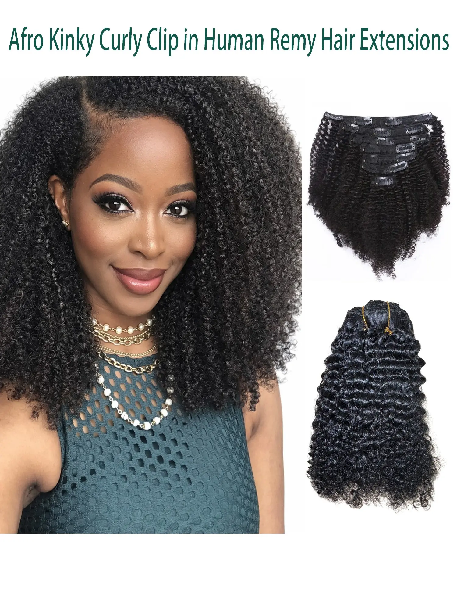 Afro Kinky Curly Clip In Human Hair Extensions Remy Hair, Brazilian Curly Clips Hair Extensions Premium Quality Thick Natural Black Color Clip #1, Natural Look For Black Women