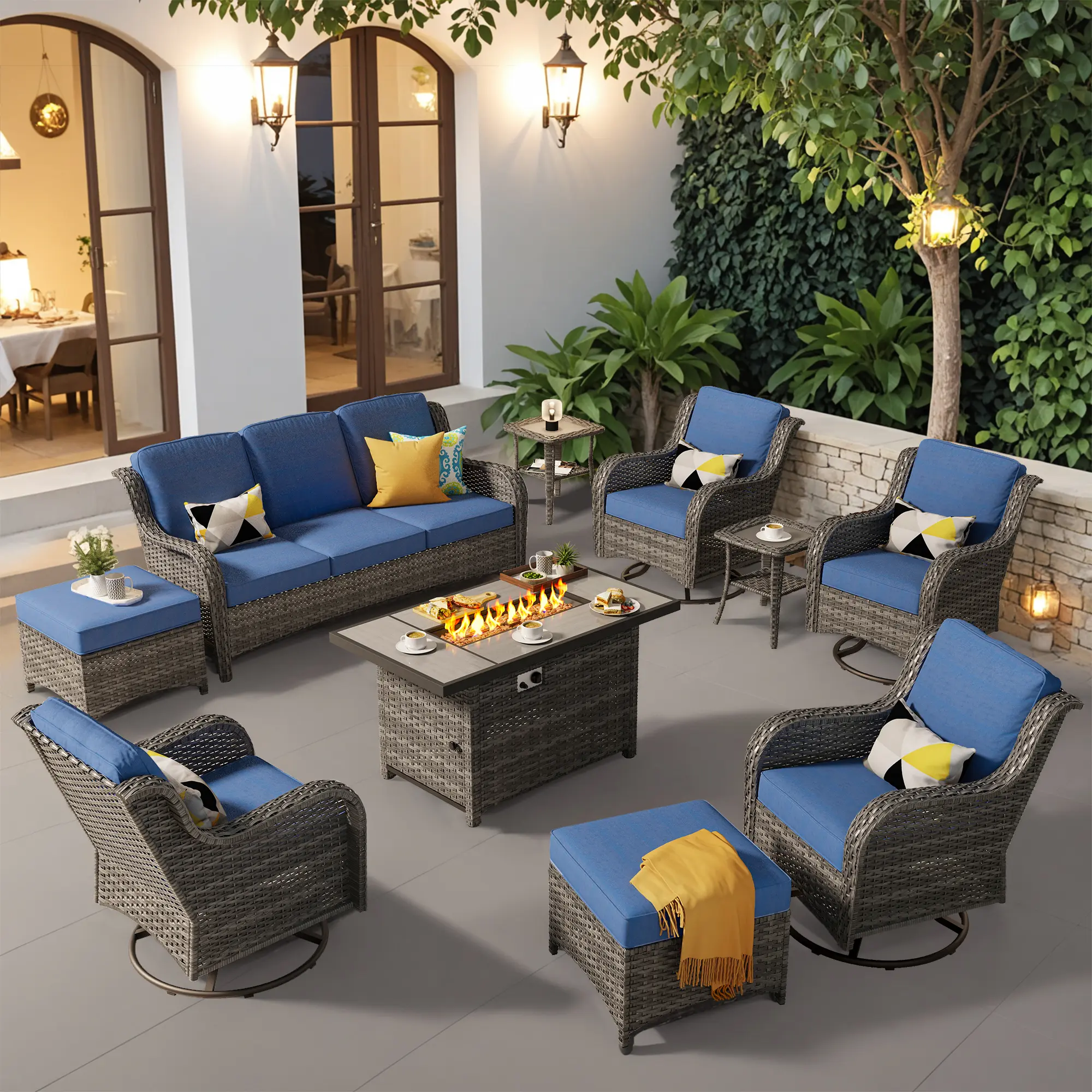 【Summerfinds】OVIOS 10-Piece Outdoor Patio Furniture Set with 42" Rectangle Gas Fire Pit Table & Swivel Rocking Chairs, All-Weather PE Wicker Sectional Sofa Set with Cushions for Backyard, Deck & Patio