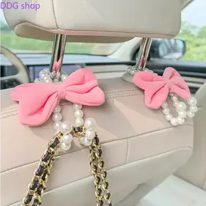 Cute Bowknot Car Seat Back Hooks - Pearl Decorative Headrest Hangers, Multifunctional Car Interior Accessories for Women