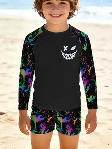 New boys' two-piece swimsuit, beach vacation sun protection swimwear set Colorful Splatter Design With Ghost Face long sleeves and shorts sunscreen waterproof