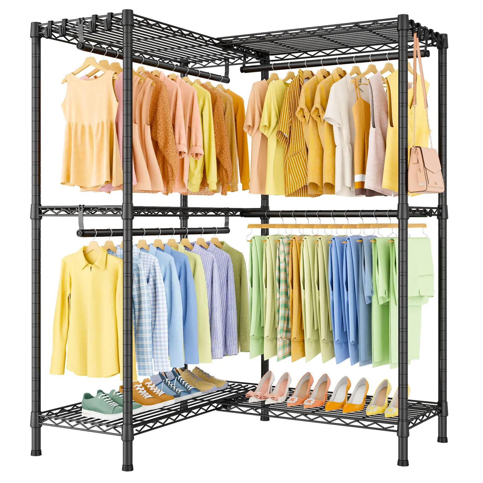 E15 Garment Rack L Shaped Clothes Rack for Corner，Freestanding Clothing Racks for Hanging Clothes，Heavy Duty Closet Organizer with 4 Hanging Rods & 8 S Hooks，43.4" W x 15.8" D x 78.4" H，Black