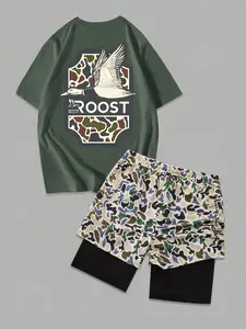 Two-Piece Set Men's Camo Graphic Short Sleeve Tee & Camo Print Shorts Set, Matching Set, Regular Fit Casual Round Neck T-shirt & Shorts, Men's Summer Clothes